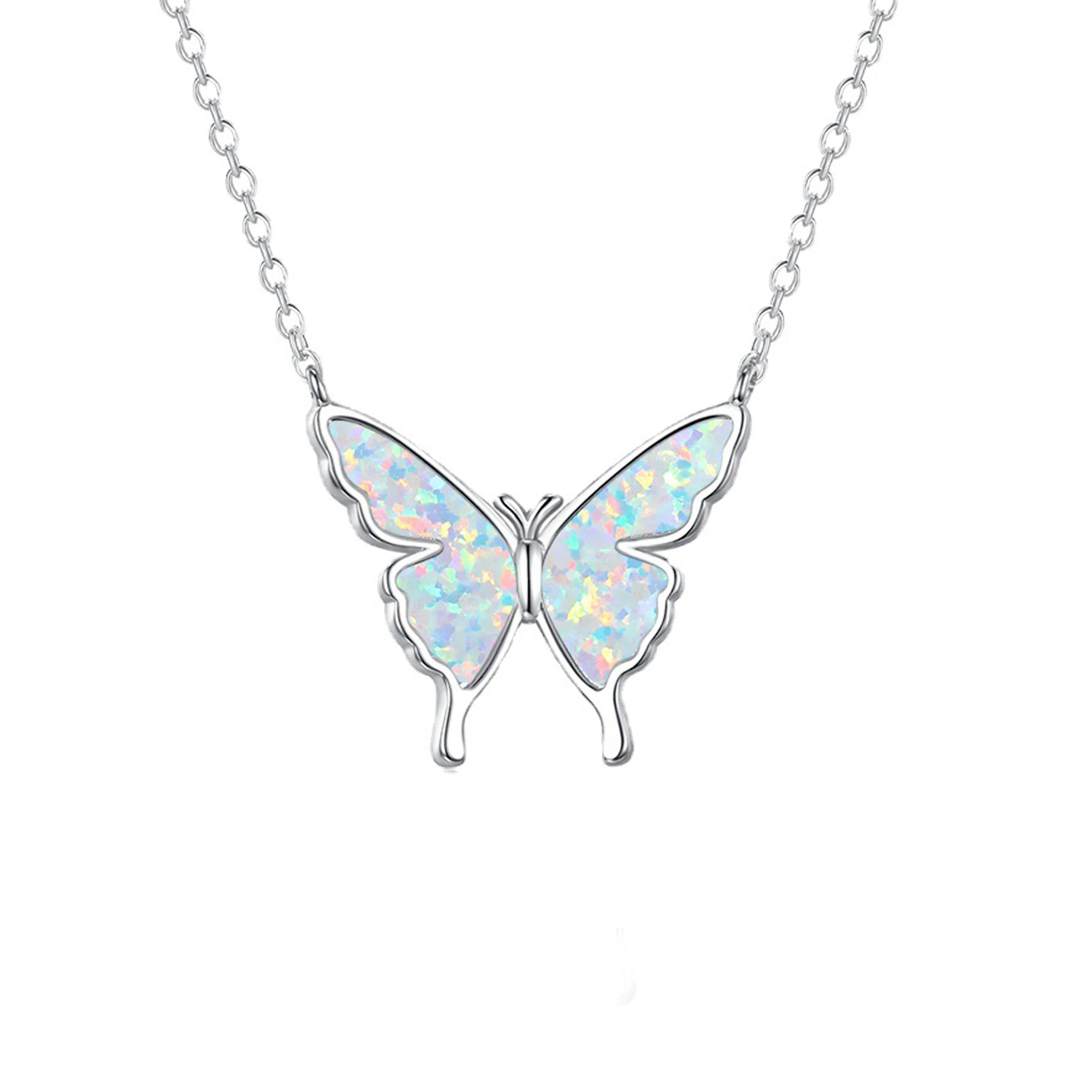 Customized wholesale unique synthetic opal women 925 sterling silver opal butterfly necklace