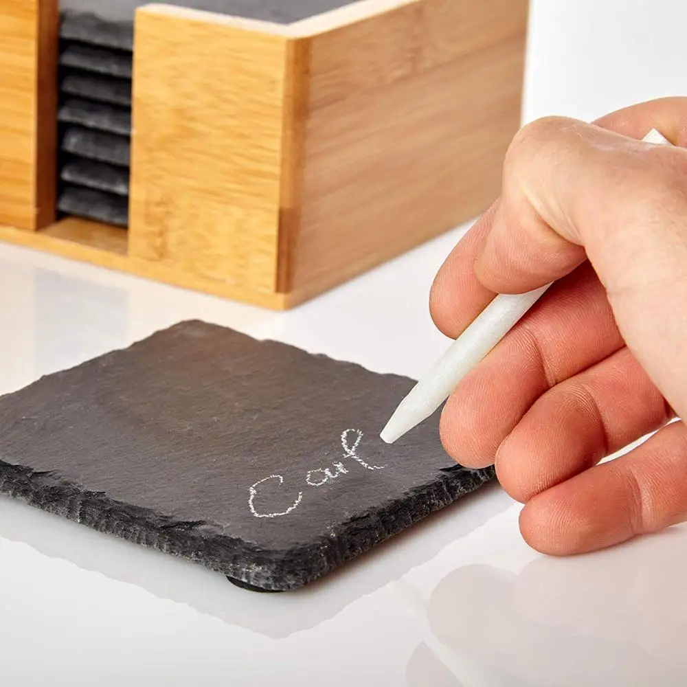 Natural Handmade Heart Bulk Square Black Stone Cup Set of 4 slate blackboard coasters with boxed chalk