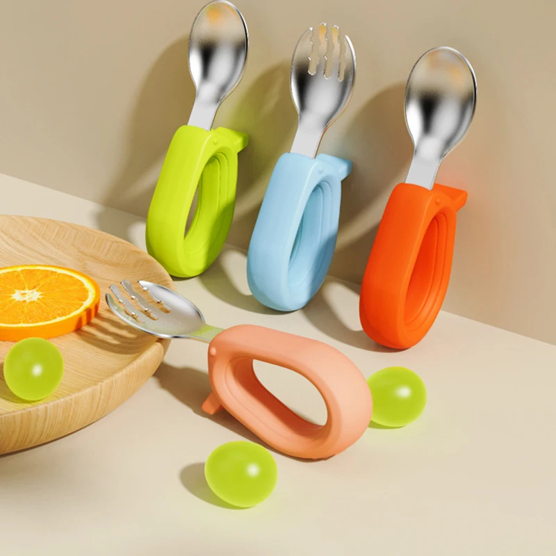 Leafree Food Grade Silicone Stainless Steel Metal Baby Spoon Fork Set Safe Anti-swallow Soft Bendable Handle Tableware whit Box