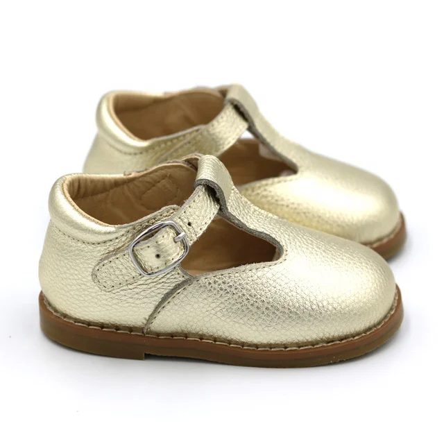 Fashion Buckle Strap Real Leather T-bar Hard Sole Girl Children Dress Shoes
