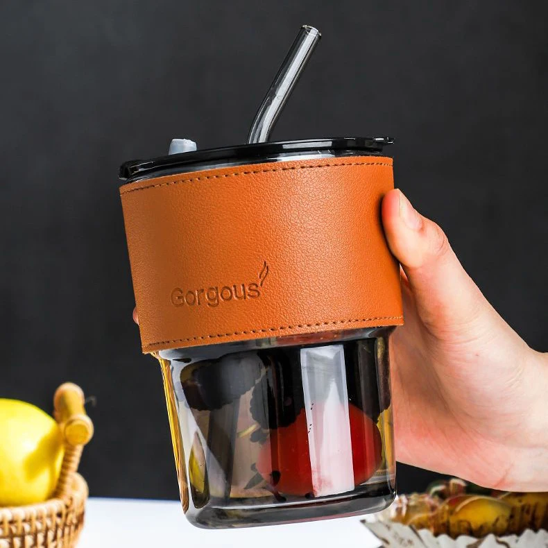 Custom Leak-Proof Reusable Glass Bamboo Joint Cup Leather Case With Lid Straw For Water Tea Milk Coffee Mugs