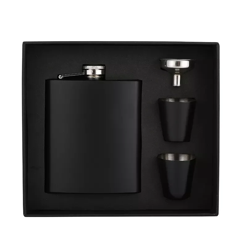 JH012 Promotional matte black hip flask set with solid gift box,portable hip flask with 8OZ