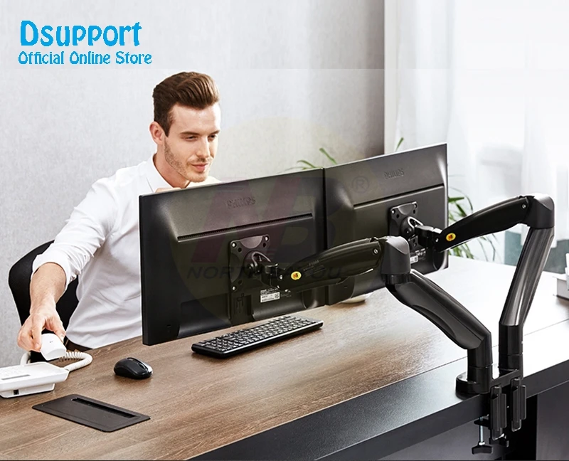 F195A Aluminum Alloy 22-32 inch Dual LCD LED Monitor Mount Gas Spring Arm Full Motion Monitor Holder Support with 2 USB Ports