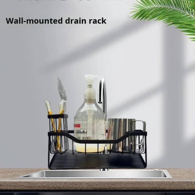 Custom Kitchen Sink Sponge Holder with Towel Bar Carbon Steel Black Soap Dispenser Storage Kitchen Accessories