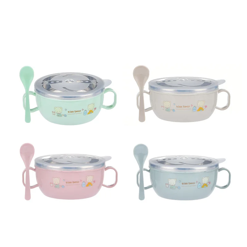 Baby Feeding Bowl Stainless Steel Insulation Bowl Spoon Set Cartoon Printed Children Food Bowl Bpa Free 300ml Custom Logo