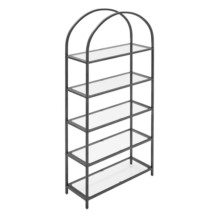 Living Room Office Simple Design Gold Black Iron Glass Arched Bookshelf Floor Standing Bookcase Shelf 5-Tier Bookcase