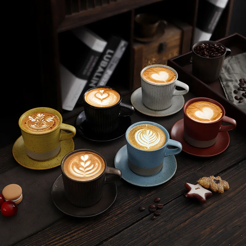 Multiple Colors Ceramic Coffee Mug with Saucer Set 200ml Stoneware Tea Cup With/Without Handle For Beverage