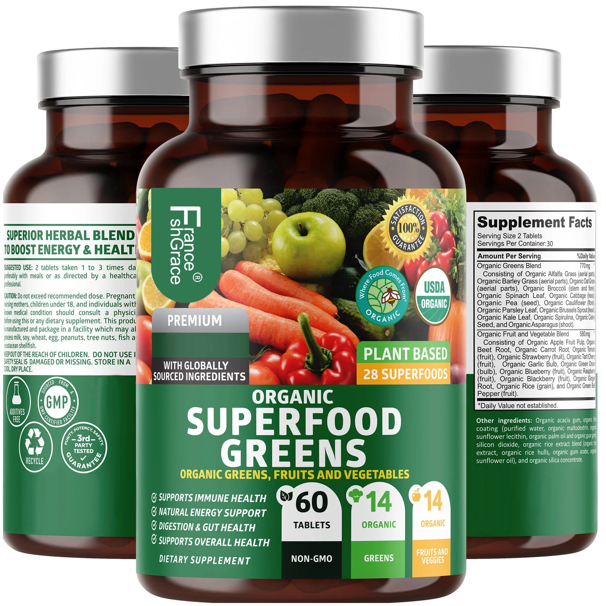 Premium Organic Superfood Greens Natural Fruit and Veggie Supplement with Alfalfa, Beet Root and Ginger to Boost Energy