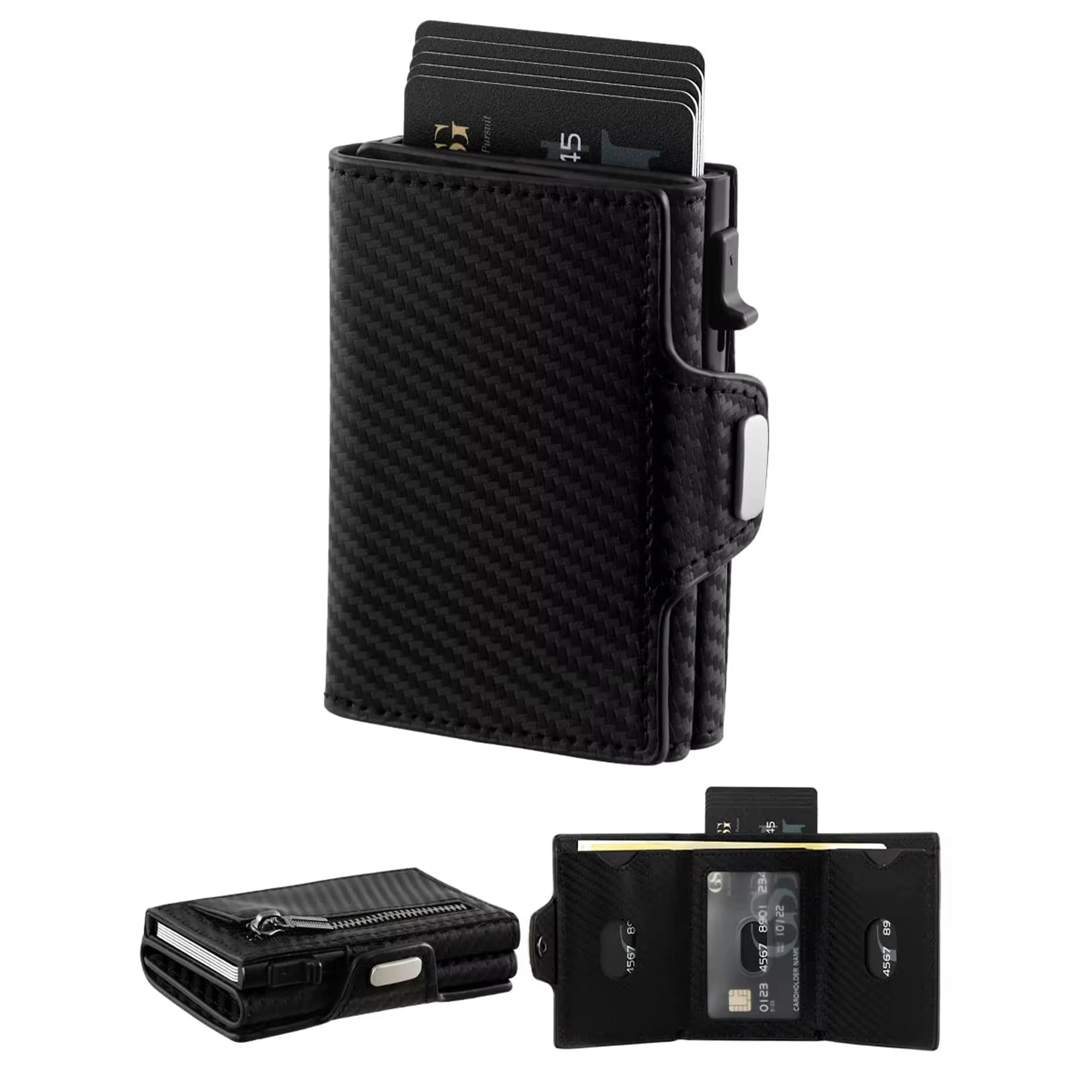 New Smart Automatic Pop Up Card Case Slim Metal Aluminum Wallet With Zipper Coin Pocket Real Leather Tri-fold Mans Wallet