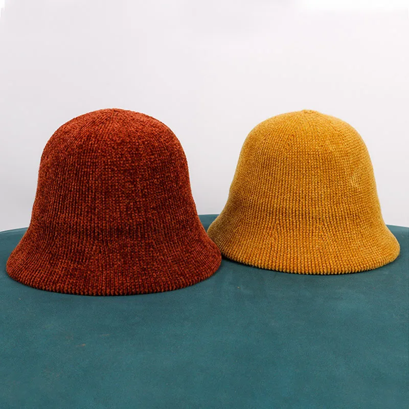 New Autumn Winter Chenille Bucket Hat Solid Color All-match Knitted Fishermen Cap Casual Outdoor Ear Warmer Panama Hats