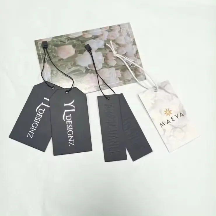 Custom Black Knotted Strings Hanging Clothe Personalized Print Name Paper Luxury Swing Tag For Clothing Hangtag