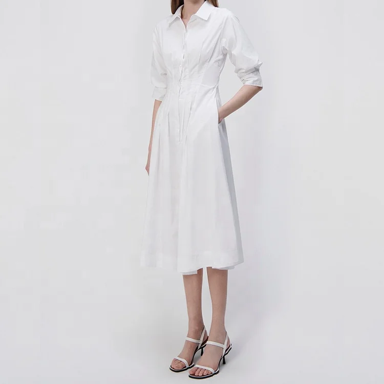 Wholesale Women Clothing High Quality White Linen Half Sleeve Shirt Midi Dress Button up Turn-down Collar Casual dresses