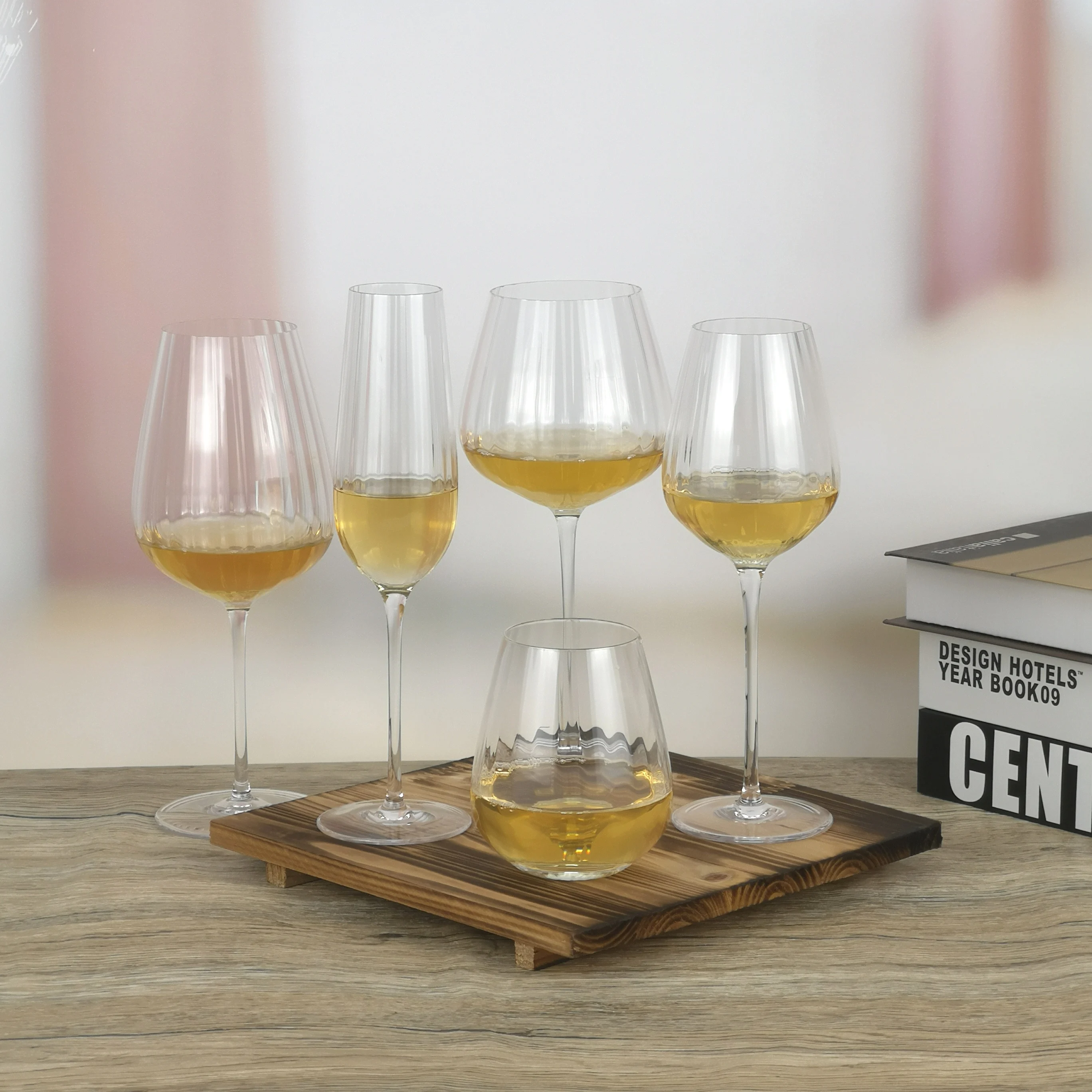 Wholesale American Style Waterfall Optic Crystal Ribbed Wine Glass Set 350ml Goblet Flute Champagne Glasses