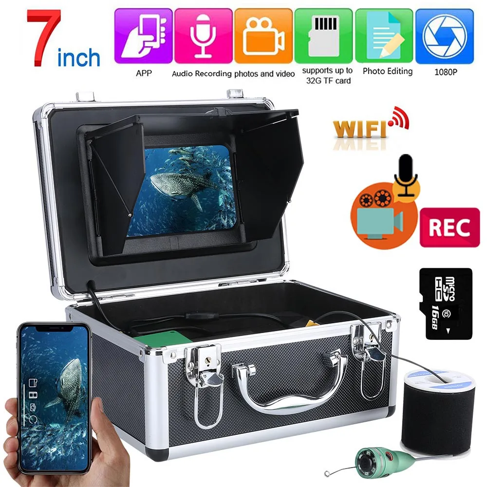 Fish Finder Underwater Fishing 1080P Camera Kit 7 Inch WIFI Wireless 16GB Video Recording DVR  +15M 6W White LEDs Underwater Cam