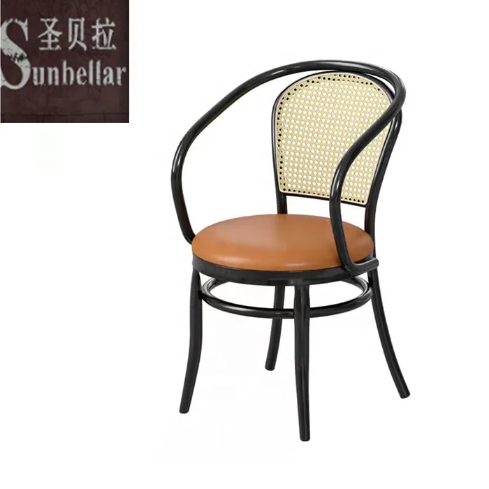 Nordic newest modern bar chair wooden leather seat rattan webbing cane backrest cafe restaurant project dining chair