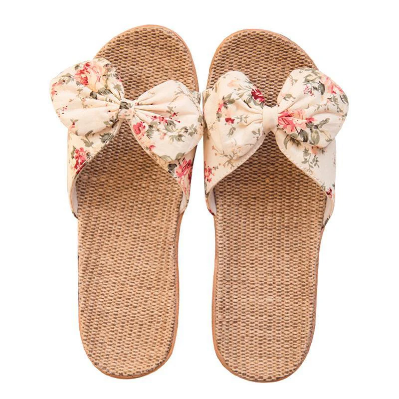 2022 Manufacturer Made  Female Slippers Bowknot Linen Colorful Cute Beach Slippers