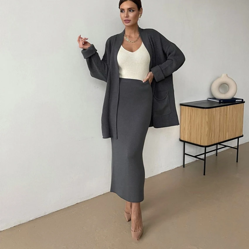 OOTN 2024 New Knitwear Set Autumn Winter Cardigan Sweater For Women Loose Belted High-Waist Skirt Fashion Knitted Top Suits