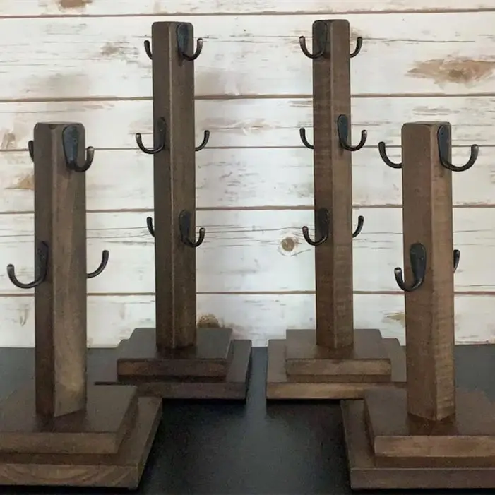 Rustic Wooden Mug Stand Tea Cups Display Rack for Kitchen, Coffee Station