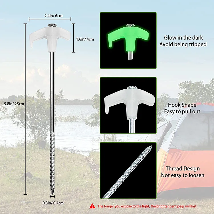 Glow in the Dark Tent Pegs,Heavy Duty Stainless Steel Tent Stake Ground Nails Screw Nail Stakes Camping Accessories Outdoor