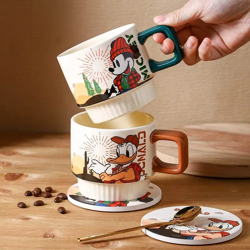 NEW Cartoon 370ML Vintage Coffee Cup Set With Coaster And Spoon Ceramic Breakfast Tea Milk Juice Water Mug Restaurant Drinkware