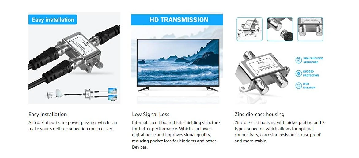 Digital 2 way satellite splitter Coaxial Cable Splitter 5-1000 MHz RG6 Compatible CATV Indoor RF Cable TV Splitter