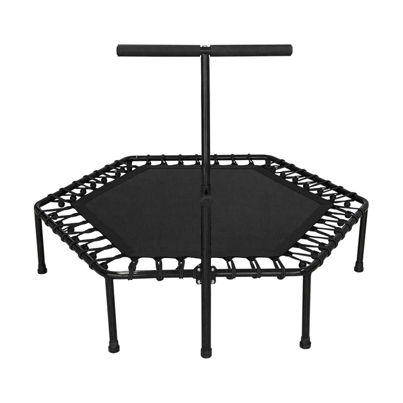 Professional mini hexagonal fitness multicolor elastic trampoline jumping bed without enclosure for kids with handrail