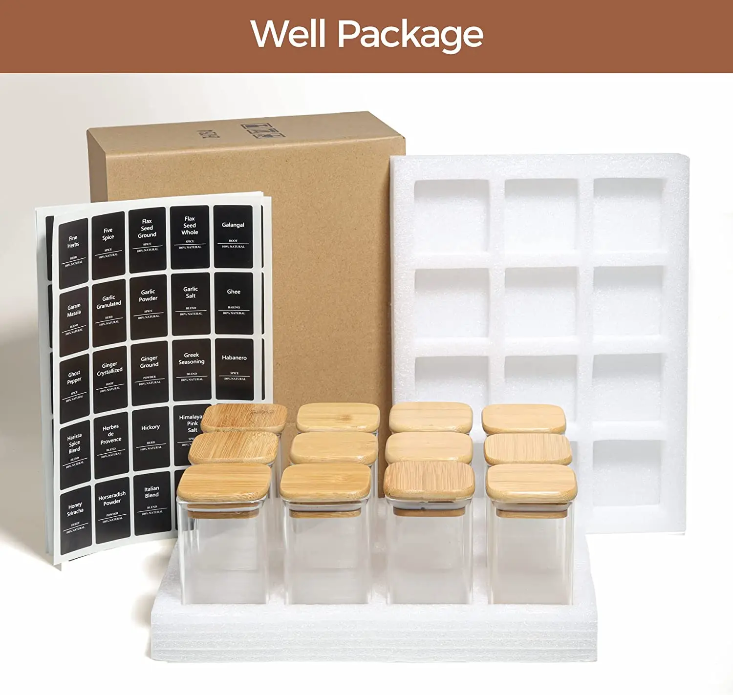 Square kitchen 4oz 120ml borosilicate airtight empty food spice glass storage jars with bamboo wood spoon and lids