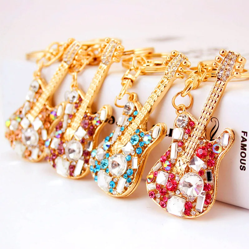 Unique Guitar Crystal Rhinestone Keychains Purse Bag Buckle HandBag Pendant For Car Keyrings Women Key Chains