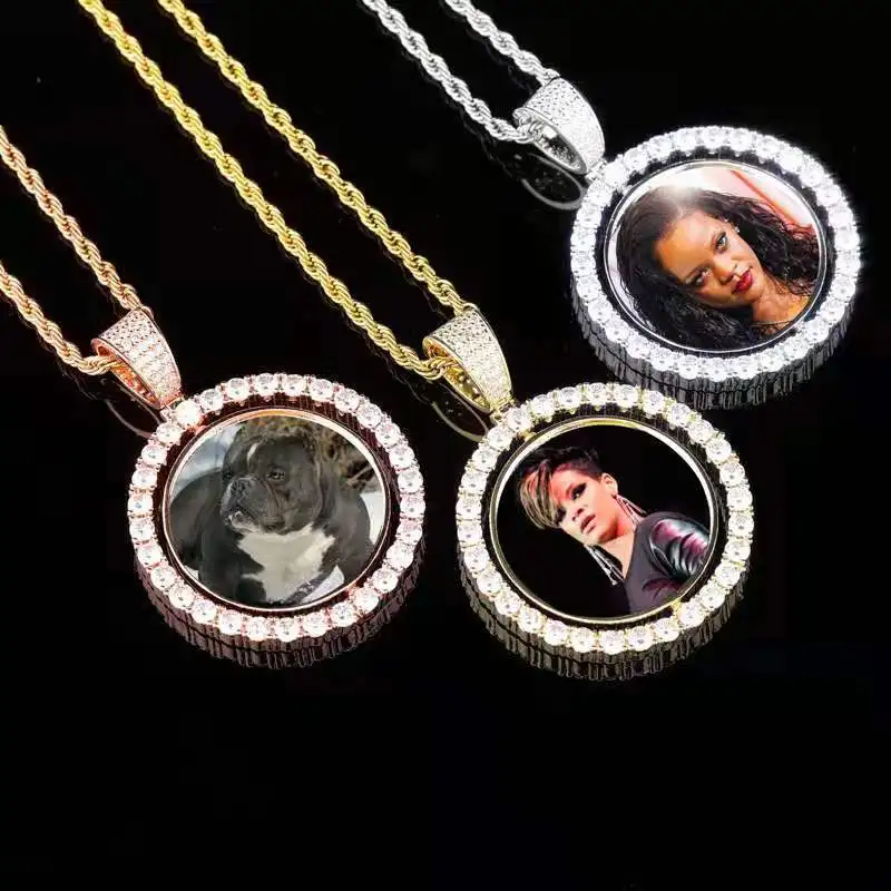 Fashion Photo Heart Medallions Iced Out Cubic Zircon Stainless Steel Gold Plated Necklace 18k