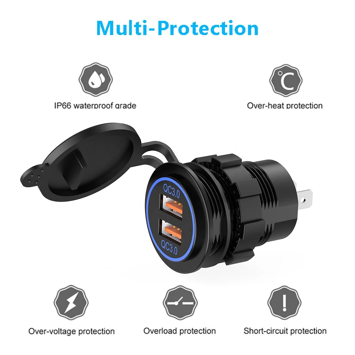 Fast Charger Dual Port QC3.0 USB Charging Socket for 12V 24V Car Bus Coach Marine Trailer ATV RV Motorcycle