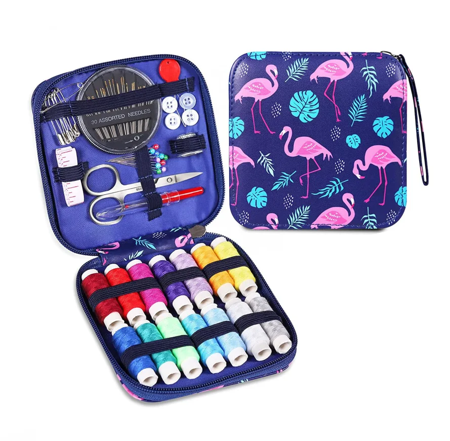 Mini 69pcs  Purple Flamingo Sewing Kit for Beginner,Home Travel and Emergency Sewing Supplies, Contains 14Pieces 75m Spools
