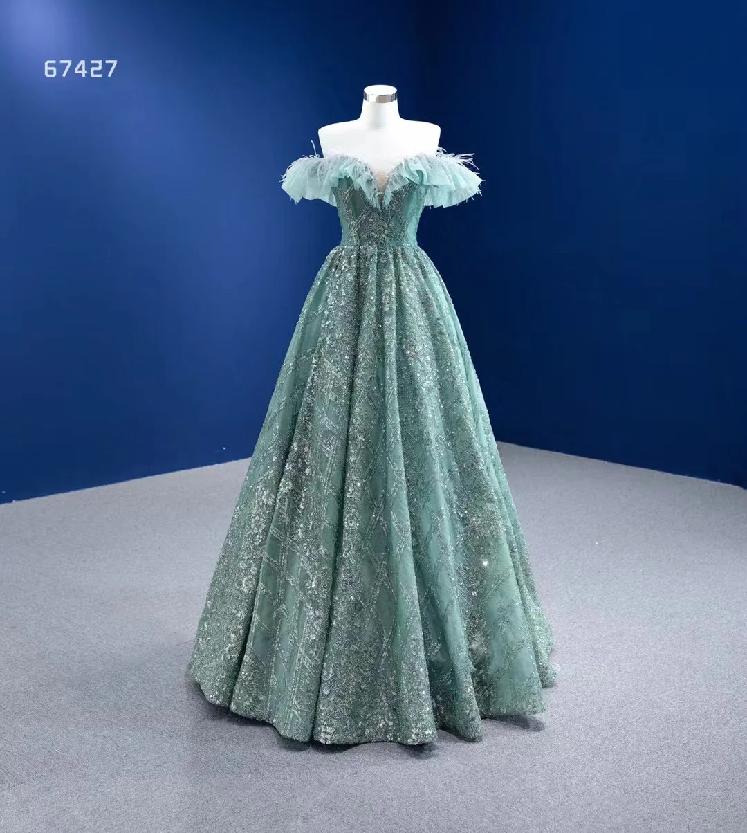 MAE0005 New Product Feathers Green Off Shoulder Prom Dress Formal Gown Sweetheart Sequins Party Wear A-line Evening Dress