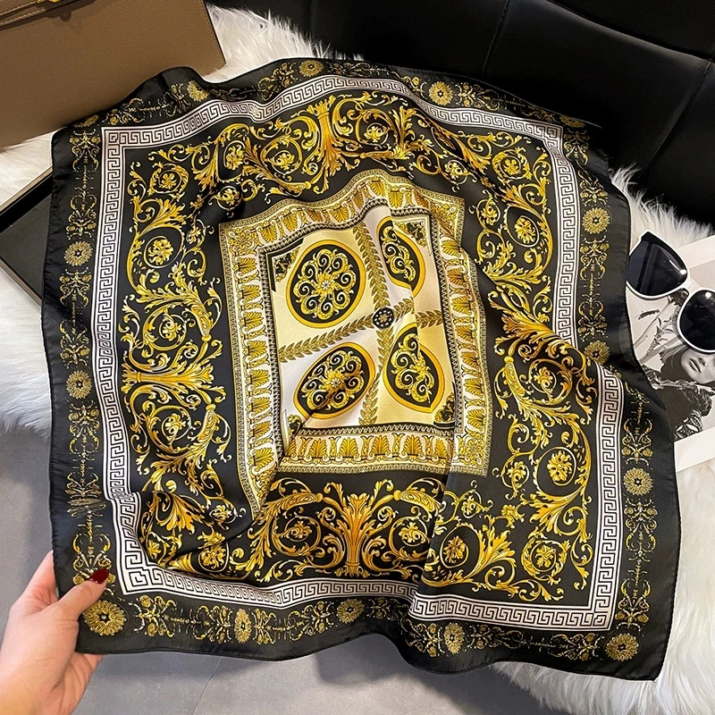 Factory OEM ODM 70x70cm Square Neck Scarf Head Hairband Kerchief Wonderful Letter Printed Imitated Silk Scarves for Women