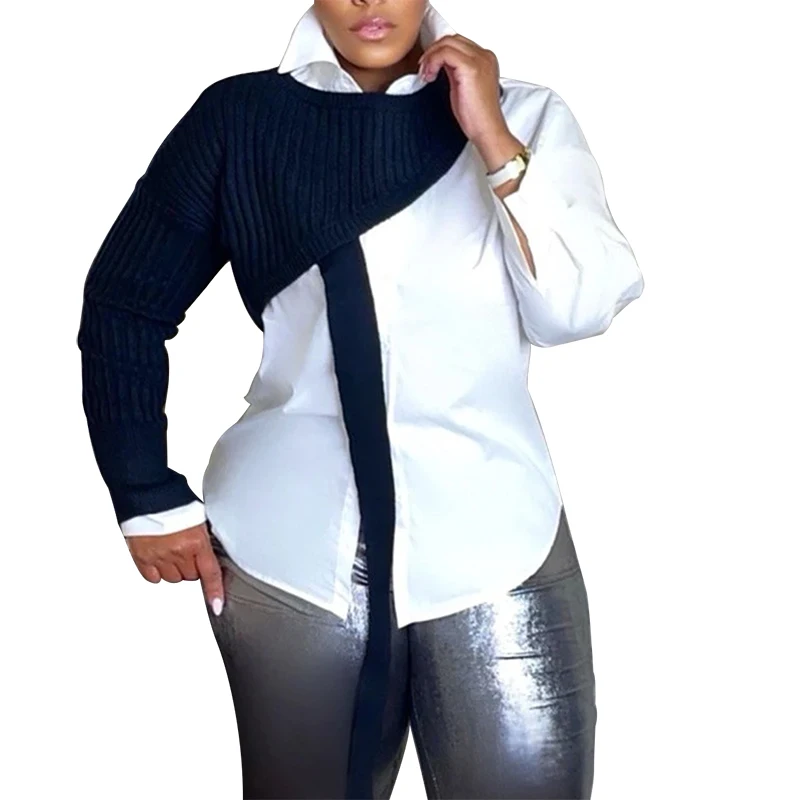 Women Fall Spring Plus Size Knitted Patchwork Sweater Single Sleeve Shawl And White Shirt Top Blouse 2 Piece set