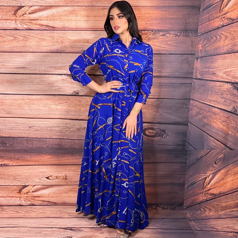Southeast Asia Indonesia Printed Vintage Dress Women Muslim Clothing Turn Down Neck Long Sleeves Evening Dresses for Party 2022