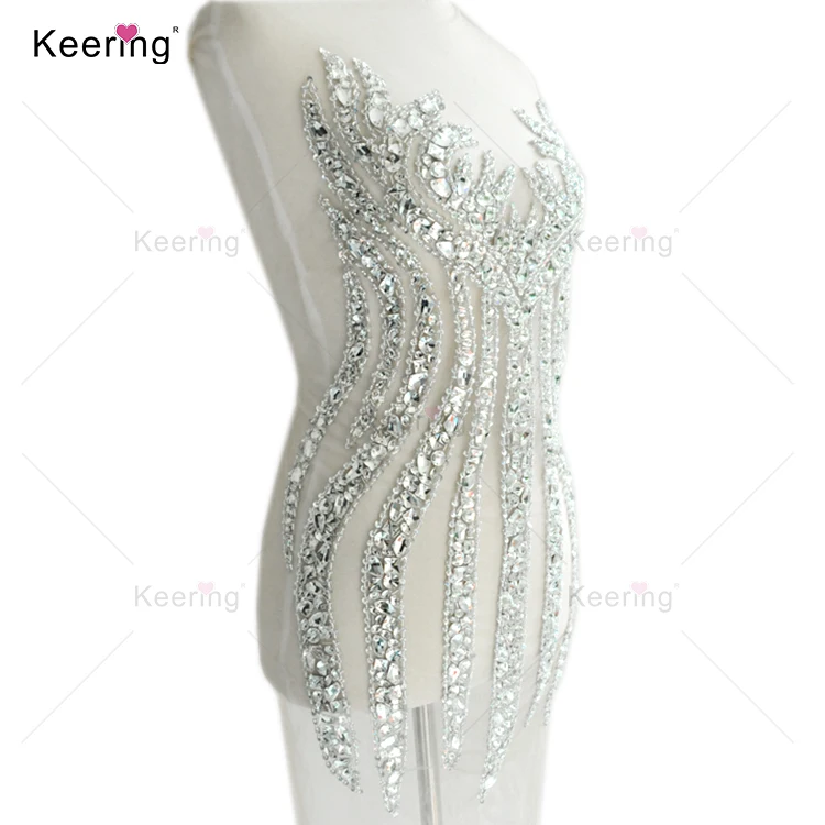 Shiny glass beads evening dress white rhinestone  bodice applique on bridal WDP-109