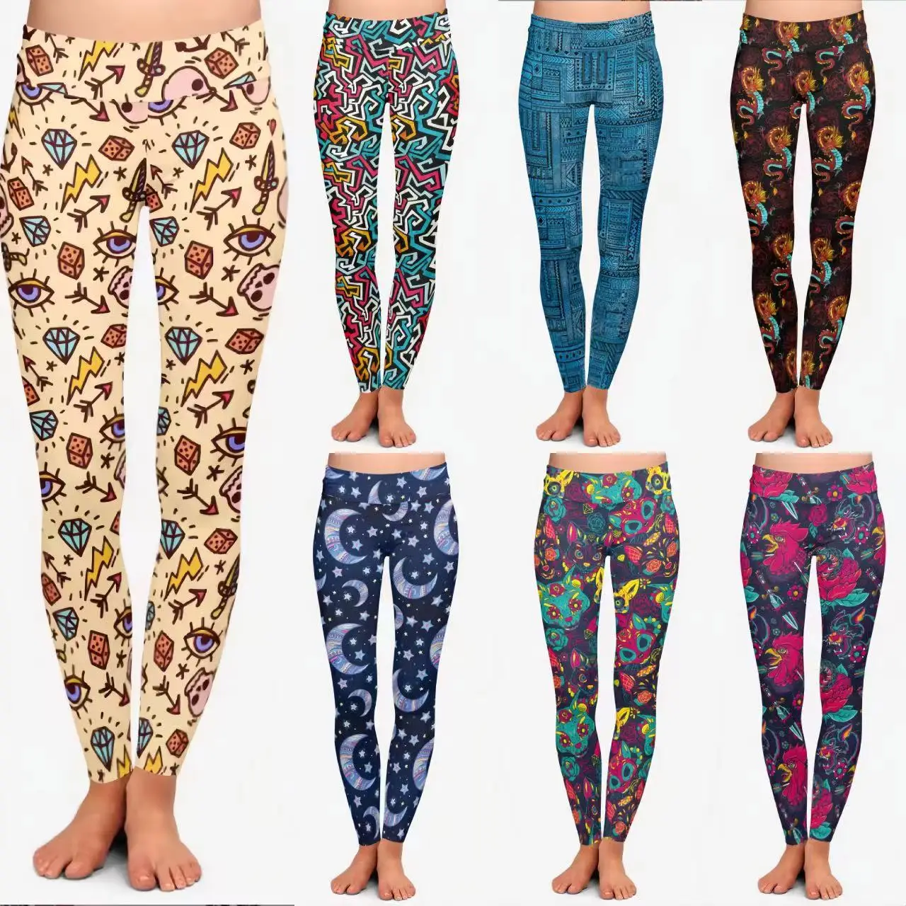 Dropshipping Factory Direct Sale 92% Polyester 8% Spandex Soft Fabric High Waist colorful sugar cat skull Leggings