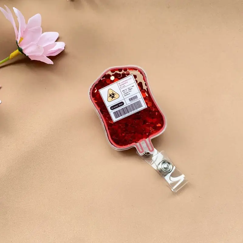 Shaker Badge Reel Blood Bag Badge Reel Acrylic Glitter Badge Reel Retractable Novelty Nurse Doctor Gift