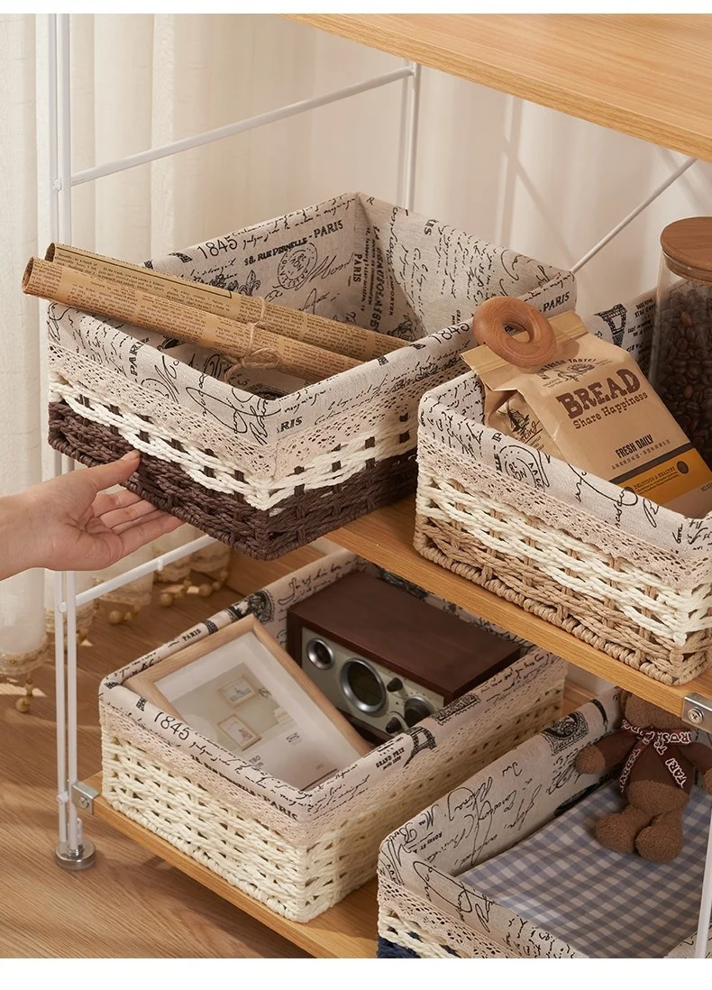 Hand-Woven Paper Rope Storage Basket Metal Desktop Cosmetics Coffee Table Storage Box Cloth Cover Hanging Wicker Basket