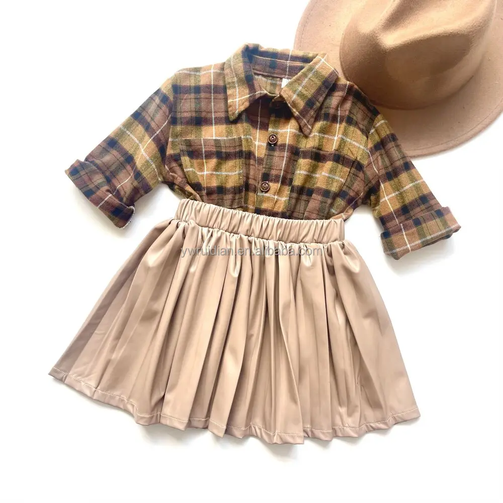 Yiwu Ruidian Fast Delivery Autumn Lapel Button Long Sleeve Shirt+PU Leather Pleated Skirt 2pcs Girl Sets Clothes