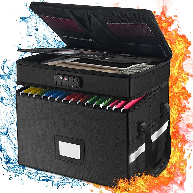 New File Box 2 layer with Lock Collapsible Fireproof Document Box with Handle for Letter Legal Size Folder Certifications Books