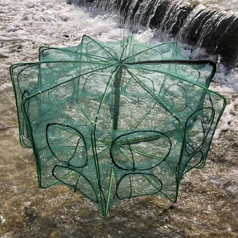 Folding Fishing Trap Net Shrimp Cages for Fishing Cages Wholesale 6-20 Hole Nylon PE Stainless Steel Wire Green Monofilament