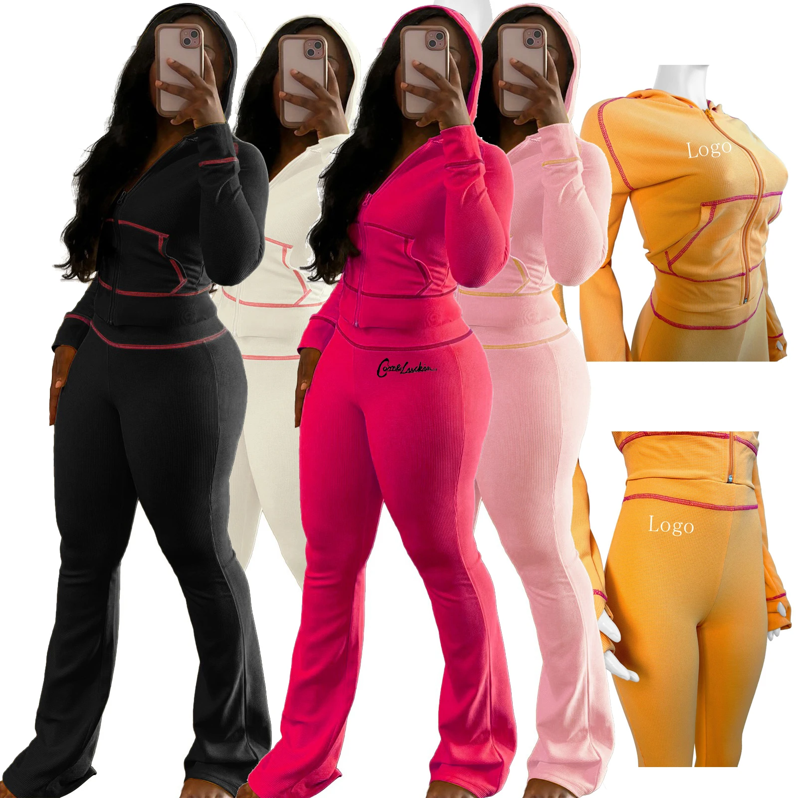 Women Clothing Custom Logo Tracksuits Lounge Set Autumn Winter 2 pieces Set Hoodie Sweatpants Sweatsuits Women Waffle Knit Set