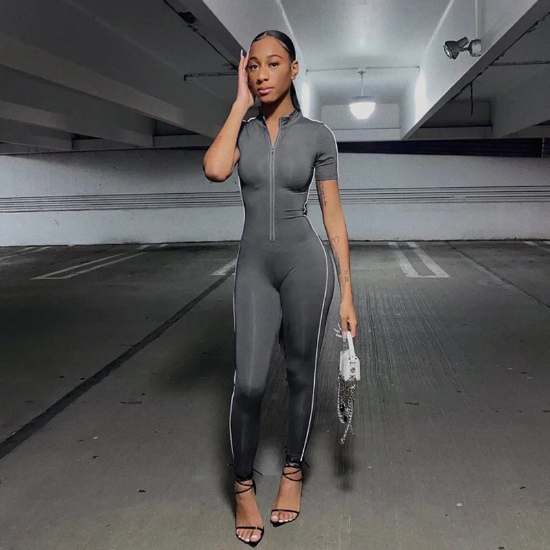Jumpsuits For Women Sexy Women Short Sleeve Gym Jumpsuit Zipper V Neck Bodycon Sexy Female Sporty Casual 2021 Summer Romper