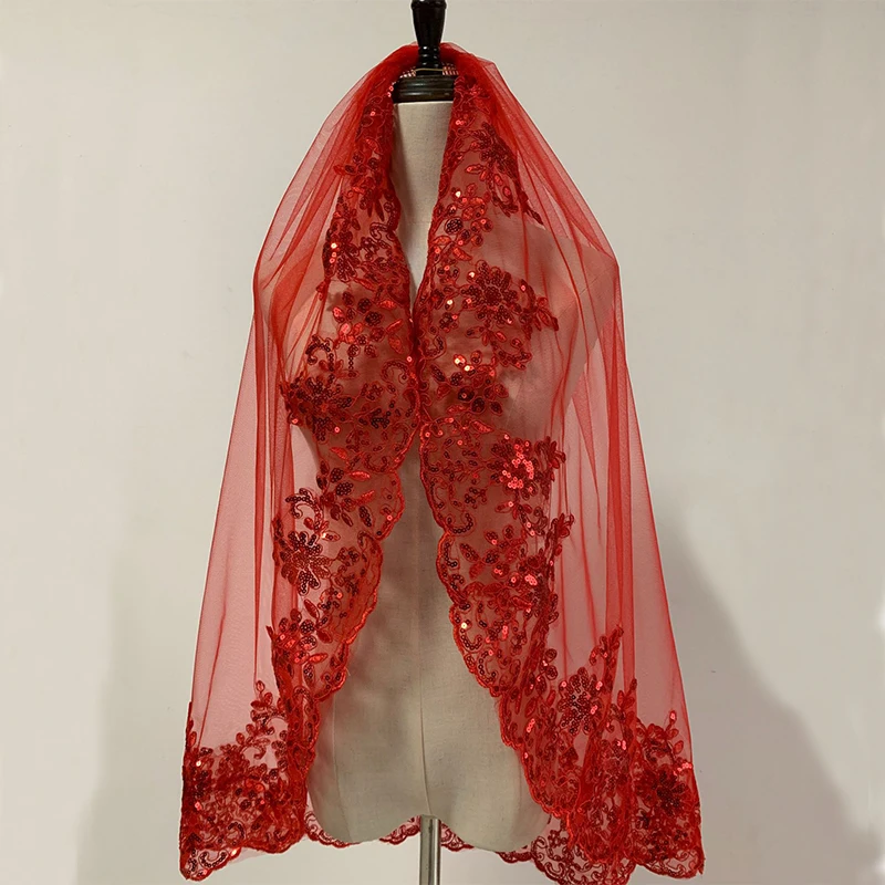 Trendy bride headwear accessories head cover 80-100 cm gold red green blue ivory sequin lace wedding bridal veil with comb