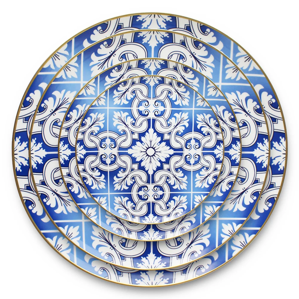 Wholesale gold rim bone china charger plates blue and white wedding design dinnerware sets