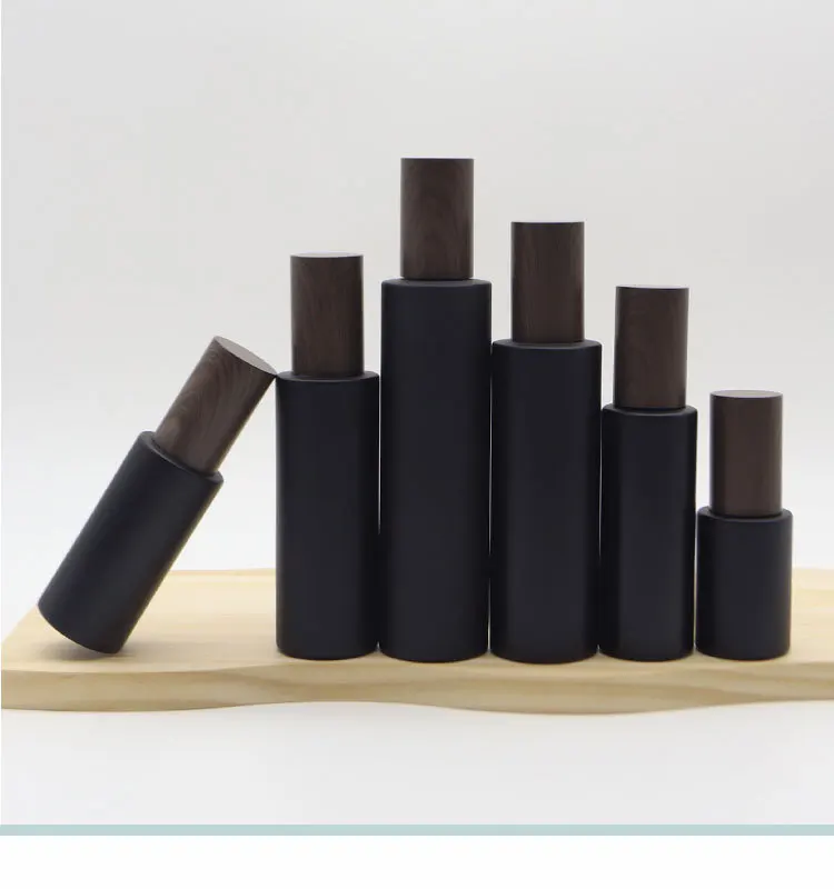 Empty Bottle Glass Frosted Black False Wood Lid Cosmetic Lotion Spray Pump Portable Refillable Container Glass Bottles