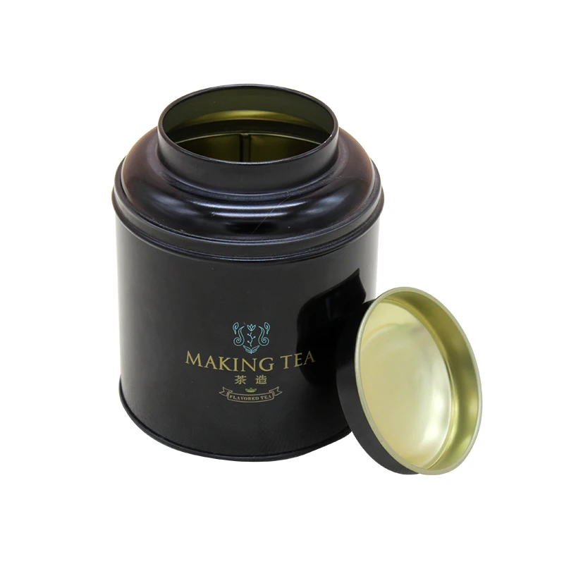 Black round shape customized metal tea tin box airtight tea tin case