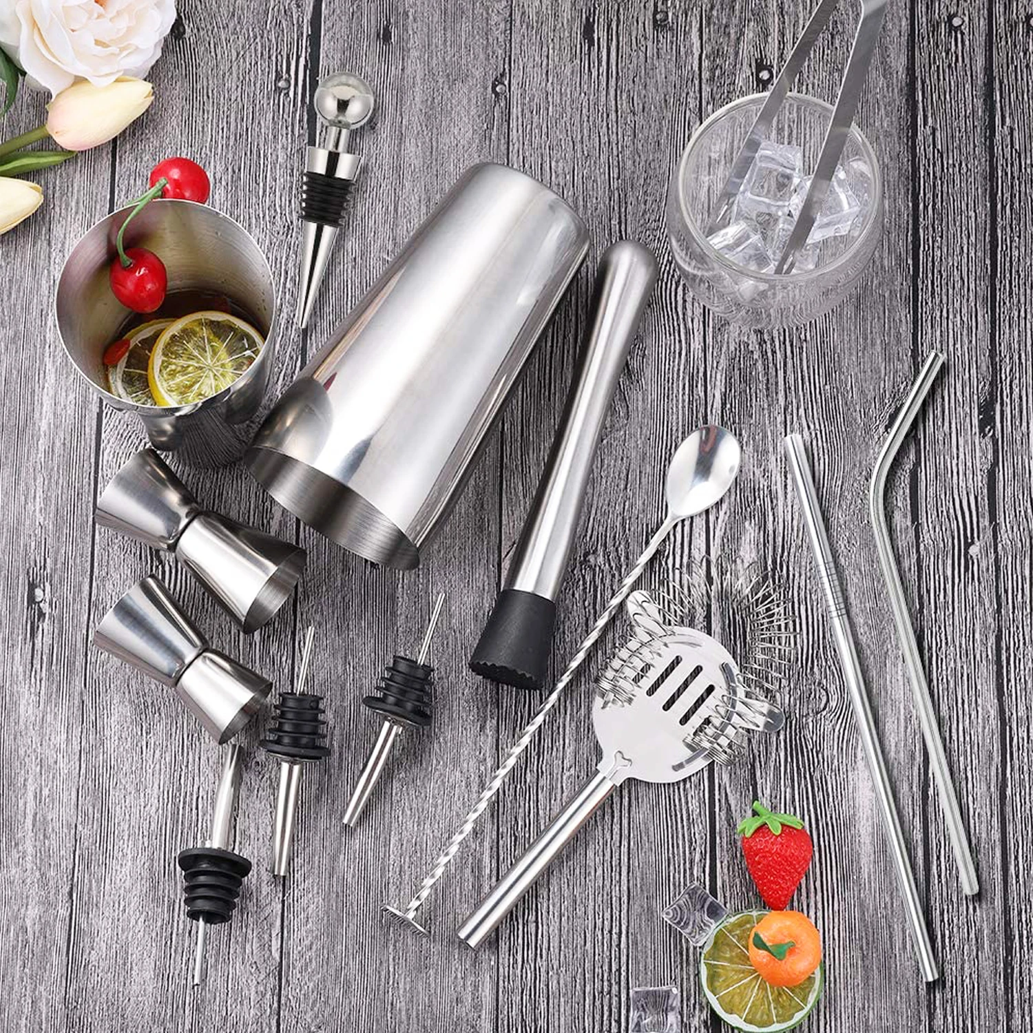 Wuyi Camol Complete 15pcs Boston Cocktail Shaker Set - 750ml+600ml Shakers - Pro Bar Tools - Boston Cocktail Shaker