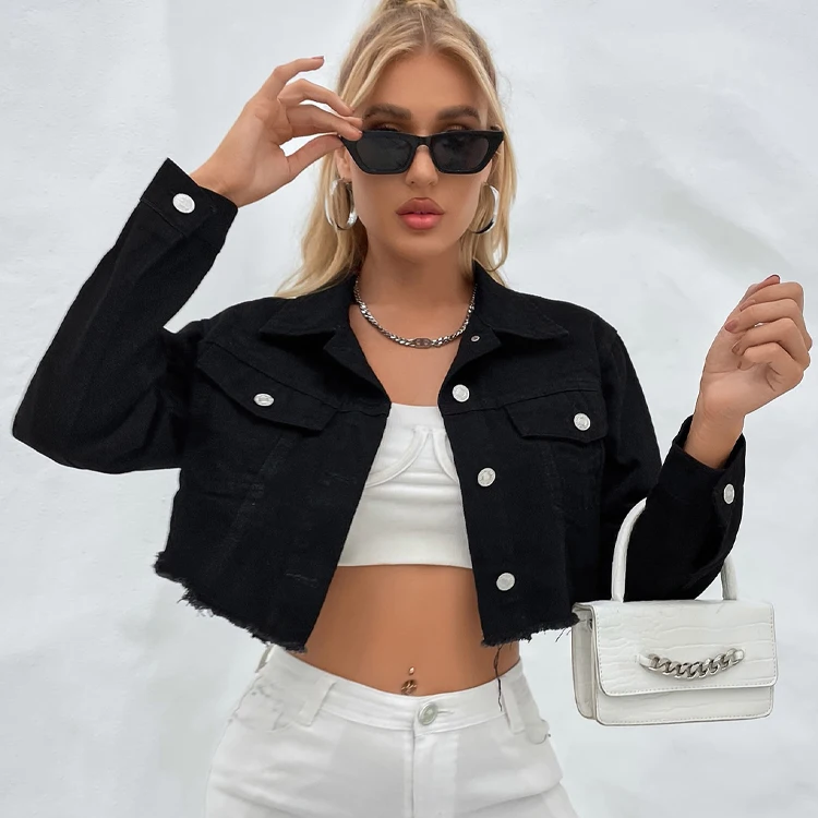 Wholesale new fashion long sleeve short denim jacket drop shoulder raw hem black denim jacket